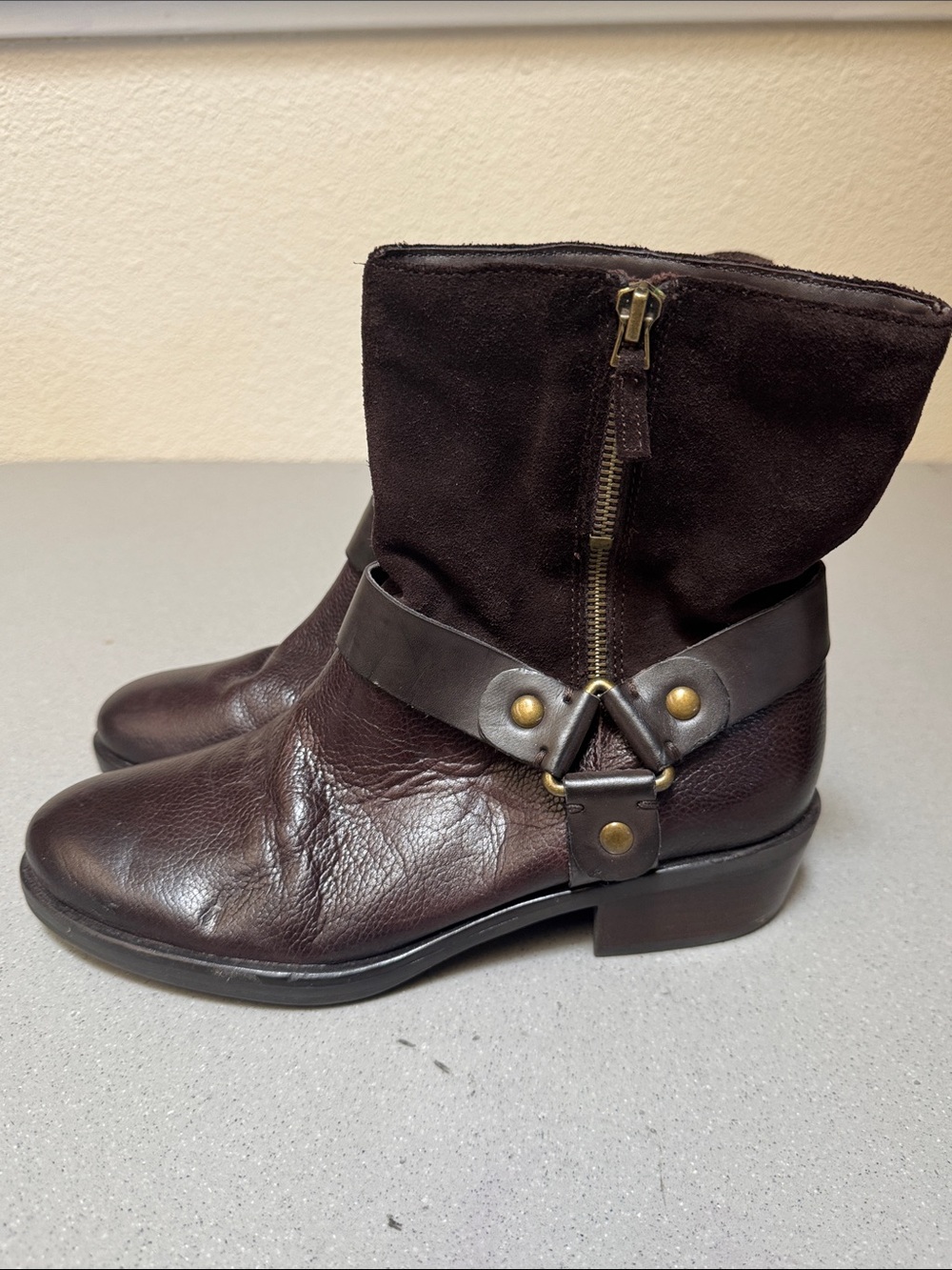 Franco Sarto Women's Brown Leather & Suede Ankle Boot with Harness Accent